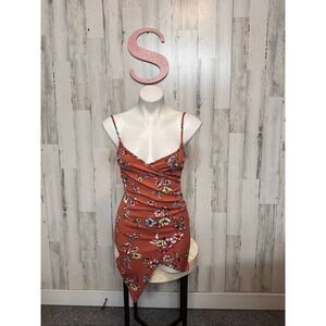 Love J Rust Floral Bodycon Mini Dress Asymmetrical Hem – Size Small